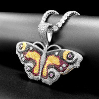 Collier Bling Hiphop pour Femmes, Hommes et Enfants, Serti de Zircon, Pierre Précieuse Colorée, Pendentif Papillon Plaqué Or