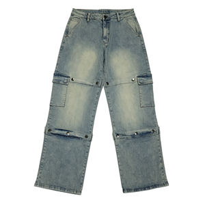 Vintage Washed Pale Blue Multi Cargo Pocket Wide Leg Denim <b>Trousers</b> with Rivet Decorations for Street <b>Skateboarding</b> Daily Casual - Product Image 6