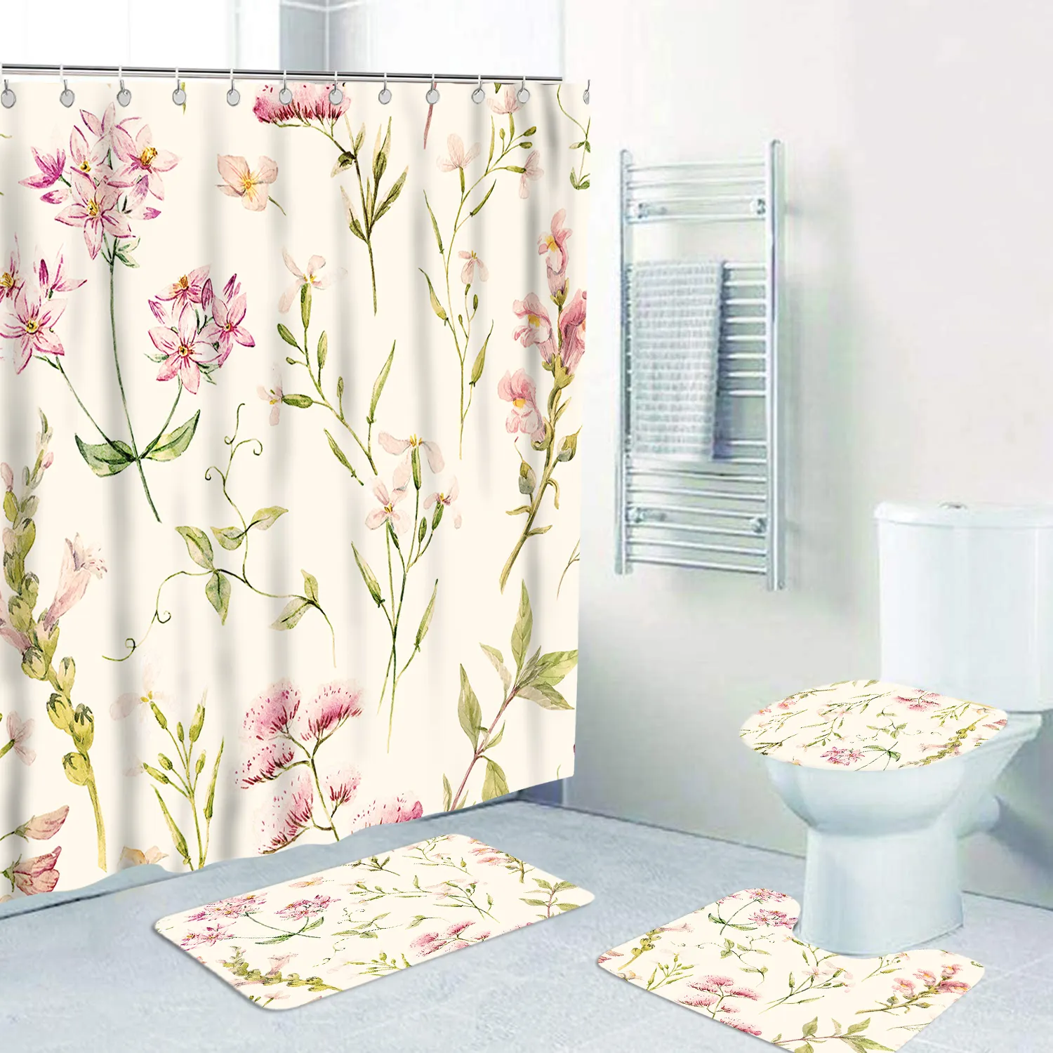 Cortina de ducha de diseño de patrón de flores impermeable de poliéster de 4 piezas para baño gran oferta