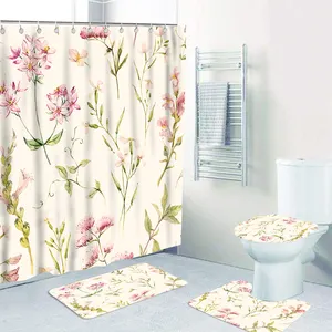 4 Stück heiß verkaufen Polyester wasserdichte Blumen Muster Design Dusch vorhang Set für Bad heißen Verkauf