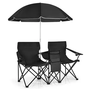 طقم كرسي محمول مزدوج للتخييم الخارجي مع مظلة