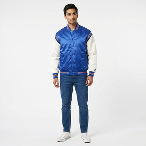 Chaqueta Universitaria de Alta Calidad, Personalizada, Estilo Vintage, con Cuello Alto, Bordado Frontal con Logotipo, Cierre a Presión, Satén, 100% Algodón - Product Image 1