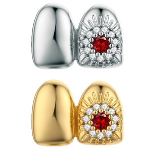 Grillz Dentales de Oro con Diseño de Flor y Engaste de Zirconia Roja para Fiesta, Accesorios Unisex - Product Image 5