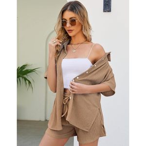 FOXA Womens 2 Piece Casual Outfits Summer Pleated Short Sleeve Top Button Down Shirt <b>Set</b> Breathable Y2K Style - Product Image 4