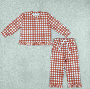 Conjuntos de 2 piezas de pantalones y blusas a cuadros de manga larga para niñas, conjuntos con dobladillo con volantes - Product Image 3