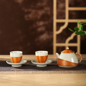 Beixitang Ceramic <b>Tea</b> <b>Set</b> With Bamboo Weave Design One Teapot Two Cups Traditional Chinese Style Porcelain <b>Tea</b> <b>Set</b> - Product Image 4