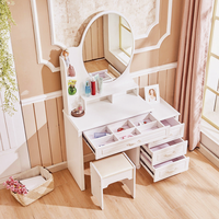 Table de toilette blanche de style européen moderne, éclairée, multifonctionnelle, avec tiroirs de rangement, tabouret et design de panneau de salle de bain