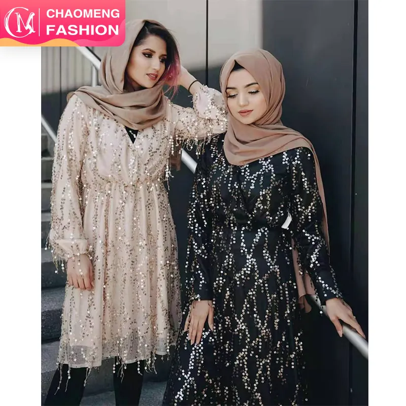 2243 # Shining Luxurious Sequin Dress Abaya Tops Islamic Turkish Tunics Blouses für Women