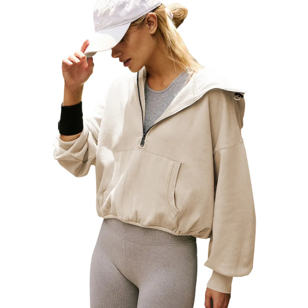 High Neck Hoodies For Women Oversized Half Zip Drawstring Pullover Sweater Casual Long Sleeve Sweatshirt With Pockets