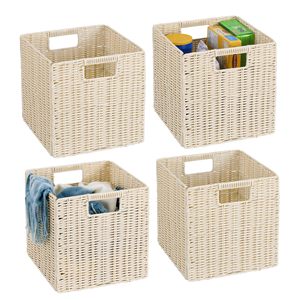 Cesta de Almacenamiento de Mimbre Plástico Beige, Cuadrada, Plegable, con Asas, para el Hogar, Picnic, Bodas y Fiestas - Product Image 1