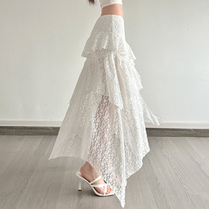 Romantic Eco-Friendly Lace Ruffle Breathable Anti-Pilling Natural Waist A-Line Maxi Skirt Women <b>Flowy</b> Casual Spandex/Polyester - Product Image 6