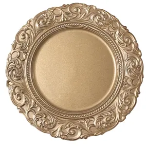 Hete Verkoop Trouwplaten Goud Antiek Plastic Plastic Ronde Plaat Schaal Plastic Luxe Gravure Les Plats