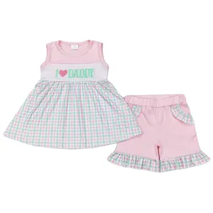 Groothandel Baby Meisje Zomer Mouwloos I Love Papa Borduurwerk Geruite Tuniek Set Kinderen Ruches Pocket Shorts Kinderen Roze Outfit