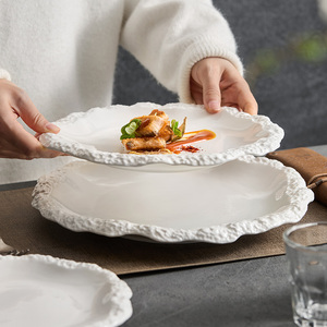 Plato de Cerámica Poco Profundo con Borde de Estilo Occidental, Diseño de Roca, para Servir Ensaladas y Frutas, para Hogar u Hotel, Bandeja Redonda Blanca - Product Image 4