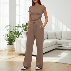 Conjunto de 2 Piezas de Camiseta Casual de Color Sólido, Estilo Europeo Americano, Nueva Llegada, Plisada, por Encima de la Rodilla, de Poliéster y Elastano, Corte Holgado - Product Image 3