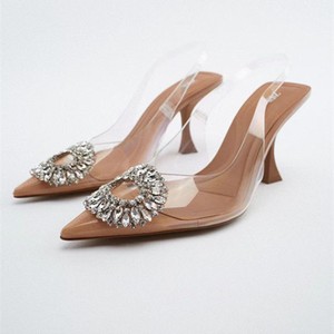 Transparent PVC Slingback Heels Nude Pointed Toe Sparkling Rhinestone <b>Buckle</b> Evening Footwear - Product Image 1