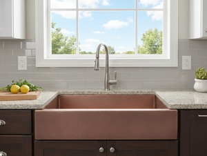 Évier de cuisine de style farmhouse en cuivre massif de qualité supérieure, avec façade à tablier, surface martelée faite à la main, finition émail noir et polissage cuivre - Product Image 3