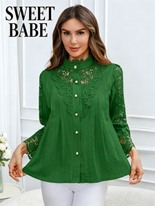 Blusa Casual de Manga Larga con Cuello Redondo y Encaje Verde para Mujer - Camisa Elegante de Chifón Lavable - Product Image 1