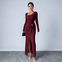 Nouvelle Robe Longue Moulante Tricotée Élégante Vintage à Taille Élastique et Col Asymétrique Couleur Unie pour Femme avec Fentes/Coupes et Nœuds – Collection Automne