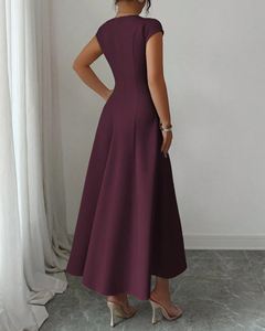 Robe longue élégante vintage pour femme, col carré, taille haute, manches courtes, couture verticale, coupe trapèze évasée, couleur prune - Product Image 2