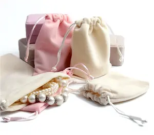 Bolsas personalizadas para embalagem, sacos de veludo cinza rosa preto para presente de casamento, embalagem de joias com cordão