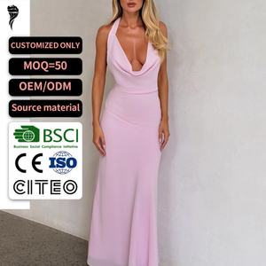 Vestido Maxi Rosa Halter para Mujer 2026 Nuevo con Cuello Drapeado sin Mangas de Gasa Estilo Sirena para Invitadas de Boda y Fiestas Nocturnas - Product Image 1