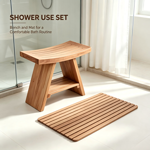 2 Pieces Solid Teak Shower Set <strong>Curved</strong> Shower Stool with Storage Shelf +Square Slatted <strong>Bath</strong> <strong>Mat</strong> - Product Image 4