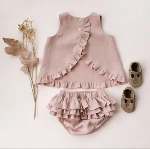 女婴服装套装郁金香上衣和褶边灯笼裤可爱美丽的亚麻棉布女婴夏季服装