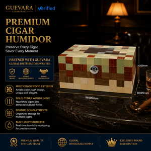 Humidor <span class=keywords><strong>de</strong></span> Cigarros <span class=keywords><strong>de</strong></span> Lujo GUEVARA, con Bloques <span class=keywords><strong>de</strong></span> Color Artísticos, Madera Lacada y <span class=keywords><strong>Cedro</strong></span>, con Cerradura, Higrómetro y Estuche <span class=keywords><strong>de</strong></span> Almacenamiento para Coleccionistas - Product Image 1