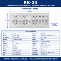 KB-33 Custom IP65 Tahan Air Keyboard Industri Stainless Steel 33 Tombol Panel Mount USB/PS2/RS232 untuk Instrumentasi