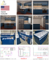 CBMMart Personnalisation gratuite Armoires de cuisine classiques bleues en pierre de quartz avec évier Ensemble table îlot de cuisine Armoire