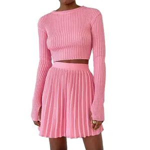 Sports Wear Casual Girl's Sexy Long Sleeves Knitted Top Mini Dress Suit Womens Sweater Tennis 2 Pieces Skirt Set Pleated