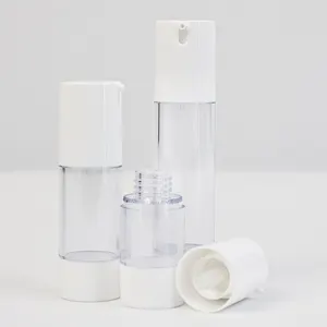 कस्टम लक्जरी 15 मिलीलीटर 30 मिलीलीटर 50 मिलीलीटर सफेद कॉस्मेटिक वैक्यूम वायुहीन पंप बोतल ग्लास पंप बायोडिग्रेडेबल प्लास्टिक वायुहीन पंप बोतल