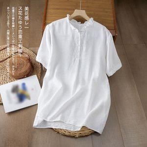 White Cotton Linen Short Sleeve Blouse With Lace Neckline And Embroidery Women's Casual Top - Product Image 1