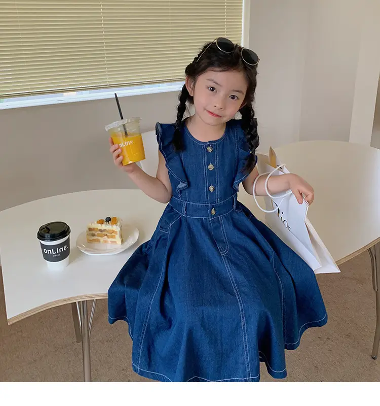 2022 new arrival solid blue infant baby girls' denim dress toddler kids fly sleeve dresses clothing casual outfit 11622X125059