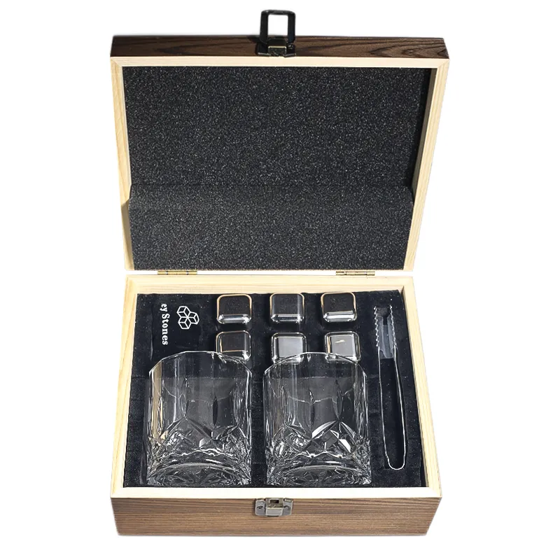 Lower Moq Whiskey Chilling Ice Cube Rack Stones Wooden And Glass Gift Wood Box Set Granite Whisky Cooling Stone With Glasses Set