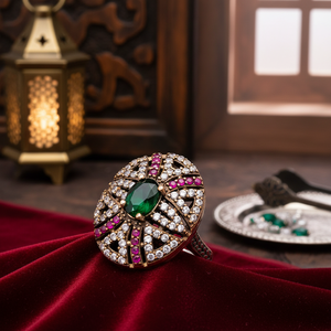 Oval Shape <b>Emerald</b> Stone Zircon Ottoman Design Wholesale Handcrafted Jewelry Turkish Authentic <b>Silver</b> <b>Ring</b> - Product Image 3