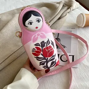 Cute Matryoshka Doll Shaped Shoulder Bag Pink Small Crossbody Bag For Women Leather Purses And Handbags Girls Clutch Bag