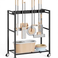 Chariot de nettoyage mobile en métal résistant à la rouille avec support pour balais et serpillères, armoire de rangement et porte-serpillères