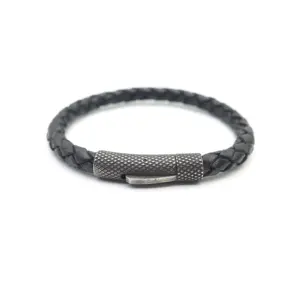 New Arrival Black Braided Leather Boy Hand Bracelet With 925 Silver Unique Click Clasp