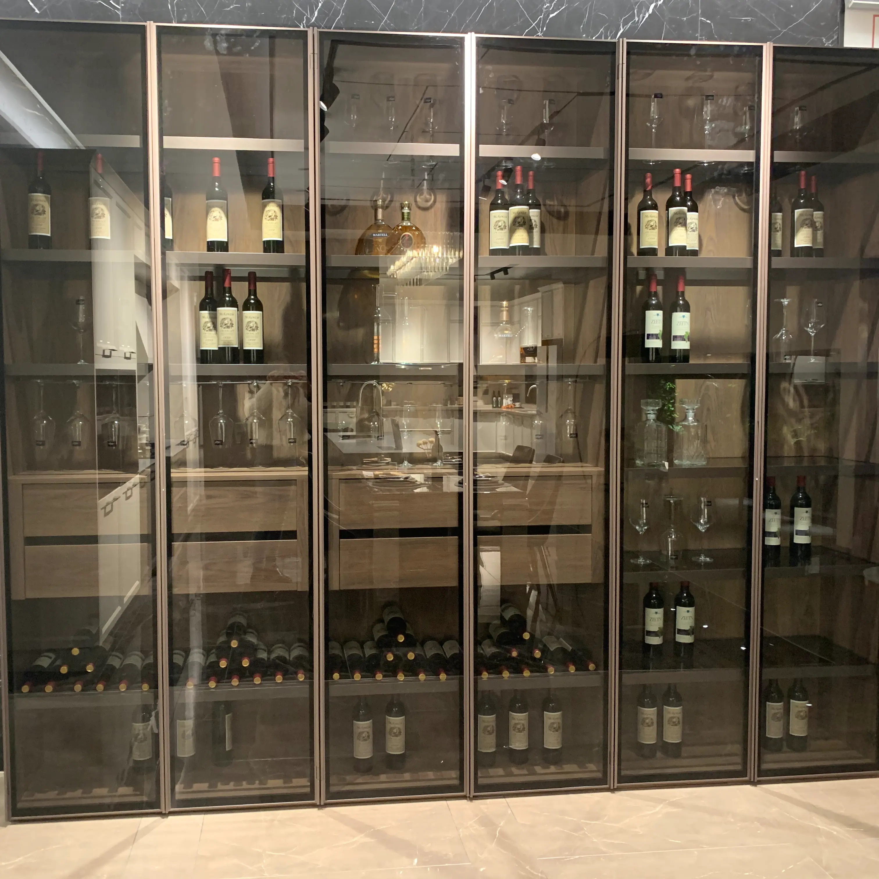 luxury high quality wine cabinet glass door and wooden drawers storage cabinet made in stainless steel