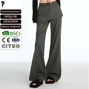 Custom Women High Waist <b>Skirt</b>‑Layered Flare Denim Jeans Y2K Street Style Ladies Cargo Denim Streetwear Trousers - Product Image 1