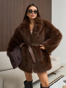 <span class=keywords><strong>Manteau</strong></span> élégant Zeyu pour <span class=keywords><strong>femme</strong></span> en fausse fourrure de renard marron chocolat, mi-long, ceinturé, col à revers oversize, pour l'<span class=keywords><strong>hiver</strong></span>, les fêtes et le quotidien - Product Image 3