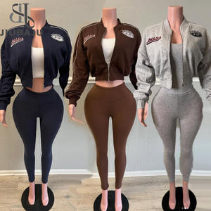 Setelan 2 Pcs Wanita Jaket Crop Bordir Ritsleting Lengan Panjang dan Celana Outfit Kasual Tracksuit - Product Image 2