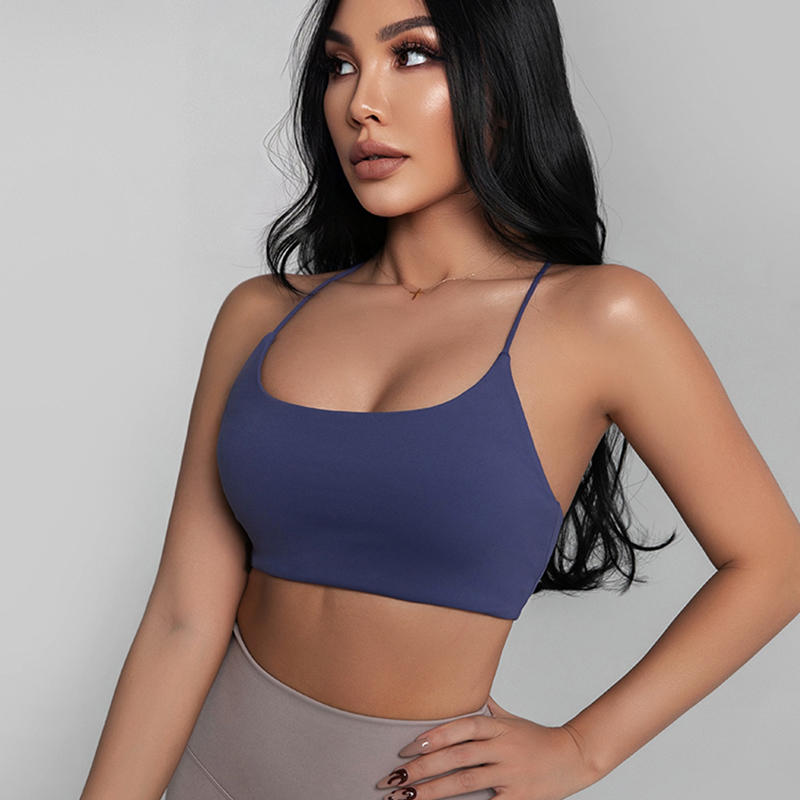 SHINBENE Spaghetti Strap Sports Bra Women Deep U Neck Backless Yoga Bra Cross Back Fitness Underwear
