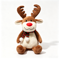 Peluche Renne Rudolph au Nez Rouge Adorable, Jouet en Peluche Élan de Noël Doux avec Écharpe à Pompons, Décoration de Noël pour la Maison et Cadeau de Vacances pour Enfants