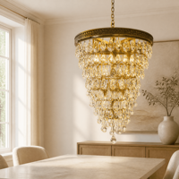 Lustre rond vintage en laiton antique YH, 3 niveaux, avec pendentifs en cristal en forme de goutte d'eau, pour salon, hall d'entrée, hôtel