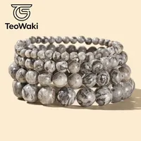Браслет TeoWaki Dainty из полированного натурального камня с бусинами, серия «Черно-серый», разные размеры бусин, повседневное украшение, аксессуар для многослойного ношения, 19 см
