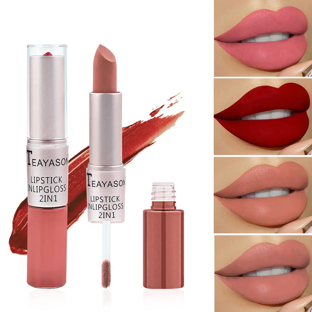 Lipstik pengilap bibir 12 warna 2 in 1, lipstik Matte kelembaban tahan lama tahan air dengan HH untuk wanita