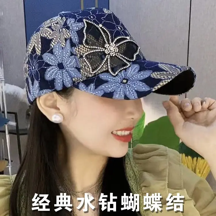 Summer Lace Rhinestone Bow Baseball Cap Women Spring and Summer New Style Mesh Breathable Sun Protection and Sunshade Duck Tongu